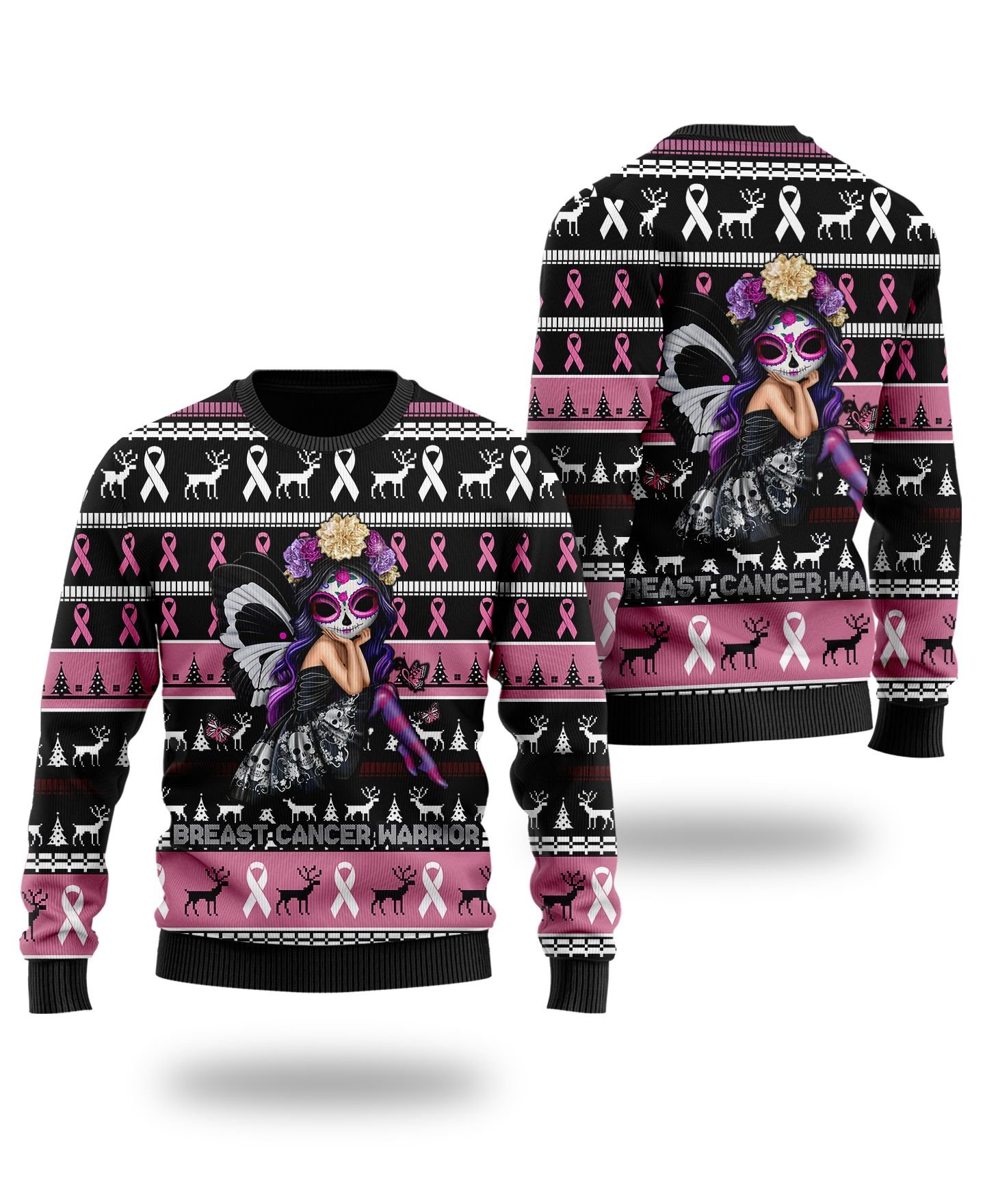Breast Cancer Warrior With Pink Ribbons For Breast Cancer Patients And Supporters Ugly Christmas Sweater Breast Cancer Warrior With Pink Ribbons For Breast Cancer Patients And Supporters Ugly Christmas Sweater
