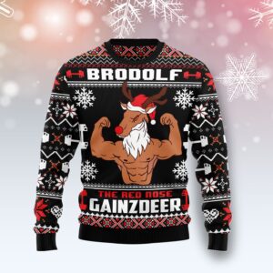 Brodolf The Red Nose Gainzdeer Gym HT071220 Ugly Christmas Sweater unisex womens & mens