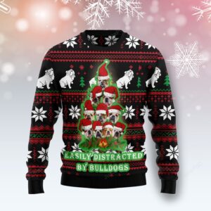 Bulldog Pine Tree Christmas Easyly Distracted By Bulldogs Ugly Christmas Sweater