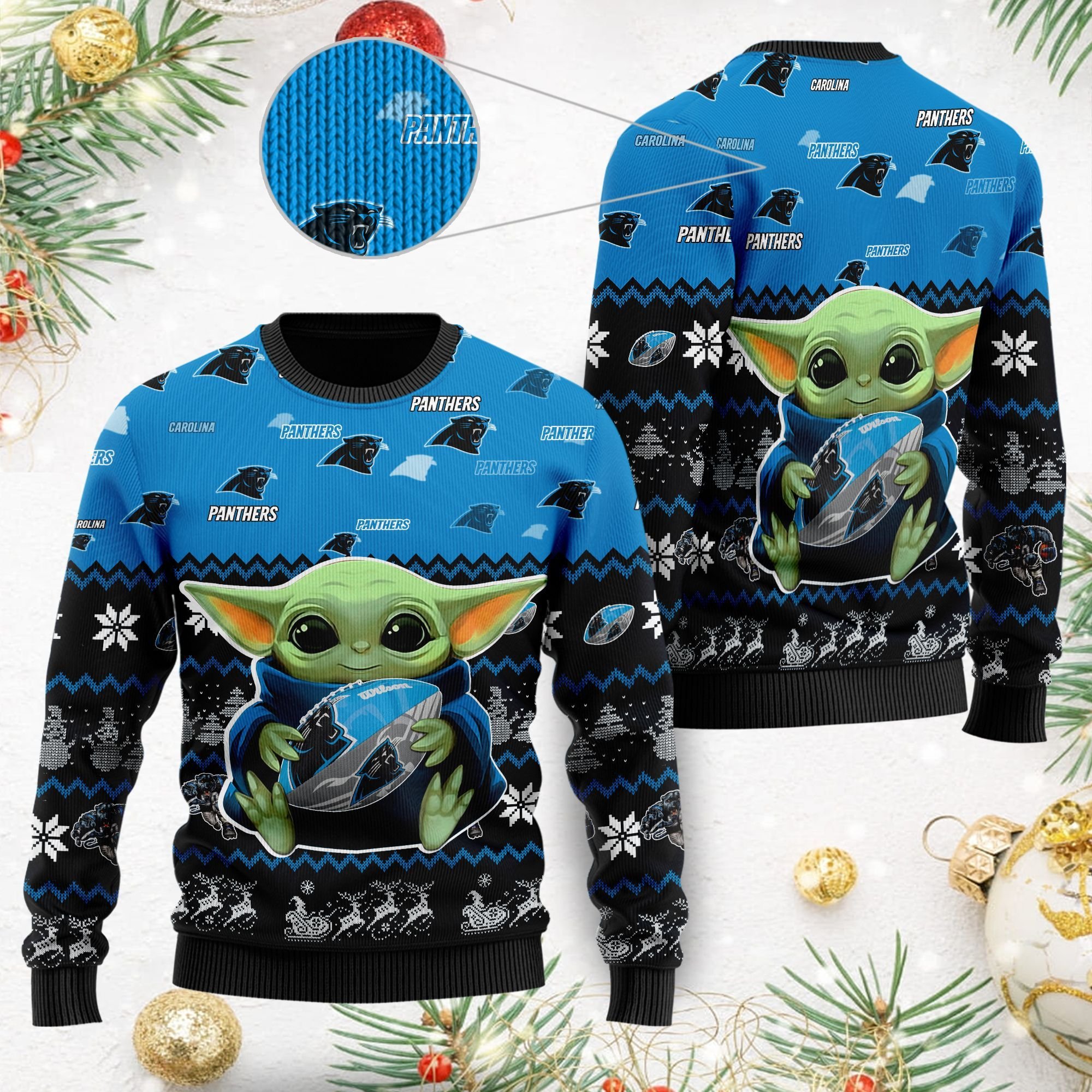 Carolina Panthers Baby Yoda Ugly Christmas Sweater Carolina Panthers Baby Yoda Ugly Christmas Sweater