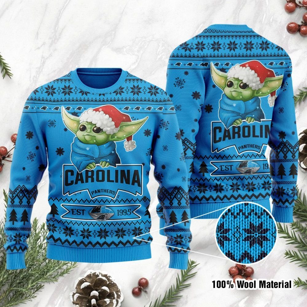 Carolina Panthers Cute Baby Yoda Grogu Ugly Christmas Sweater Carolina Panthers Cute Baby Yoda Grogu Ugly Christmas Sweater