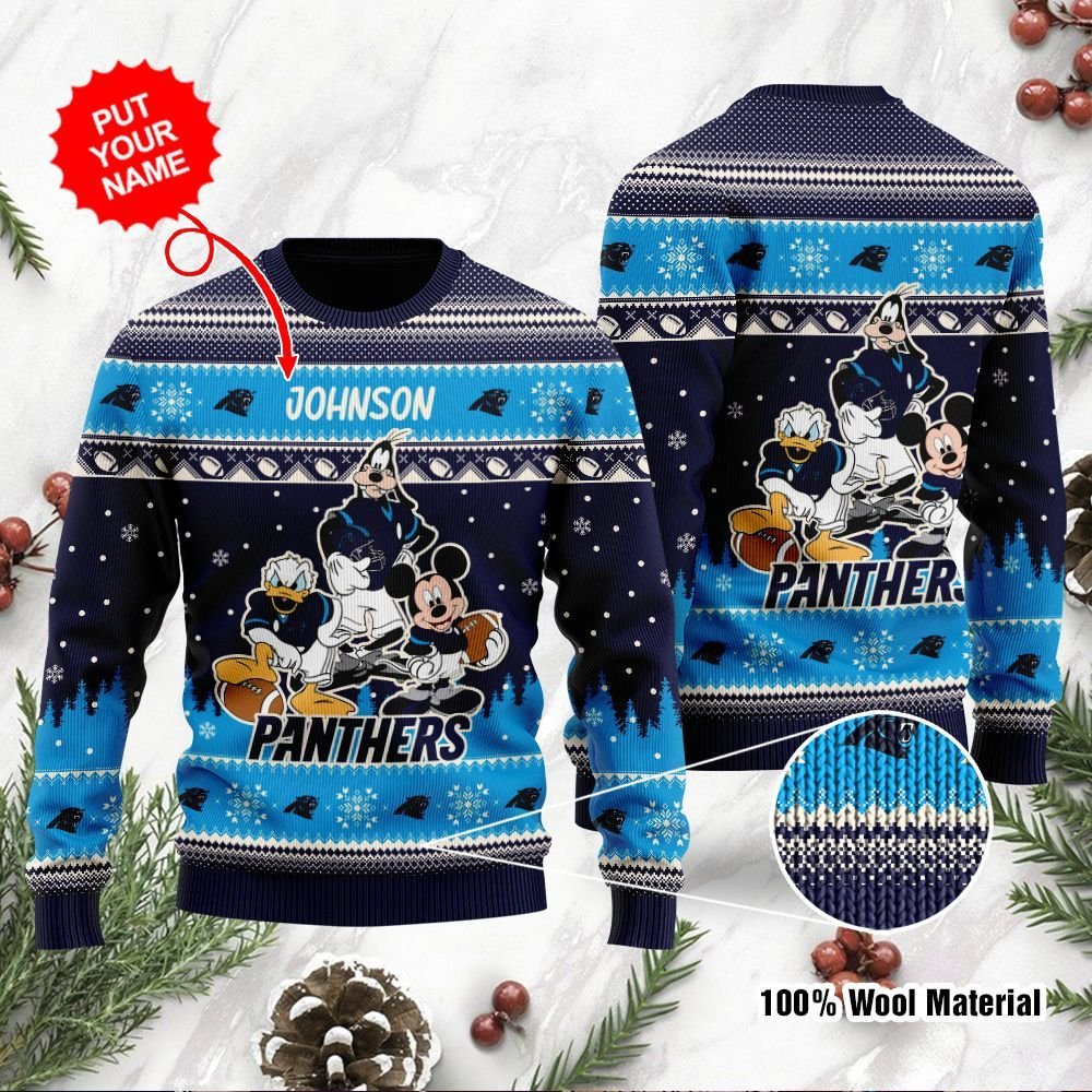 Carolina Panthers Disney Donald Duck Mickey Mouse Goofy Personalized Ugly Christmas Sweater Carolina Panthers Disney Donald Duck Mickey Mouse Goofy Personalized Ugly Christmas Sweater