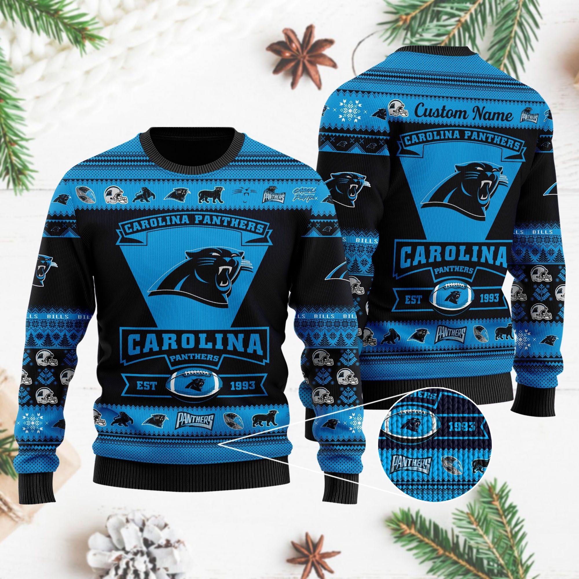 Carolina Panthers Football Team Logo Custom Name Personalized Ugly Christmas Sweater Carolina Panthers Football Team Logo Custom Name Personalized Ugly Christmas Sweater