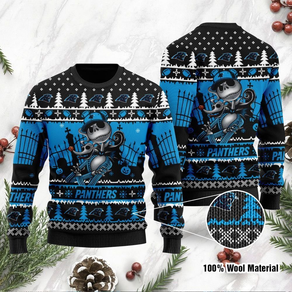 Carolina Panthers Jack Skellington Halloween Ugly Christmas Sweater Carolina Panthers Jack Skellington Halloween Ugly Christmas Sweater