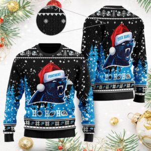 Carolina Panthers Symbol Wearing Santa Claus Hat Ho Ho Ho Custom Personalized Ugly Christmas Sweater