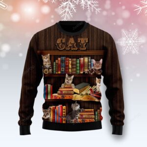 Cat Bookcase Ugly Christmas Sweater