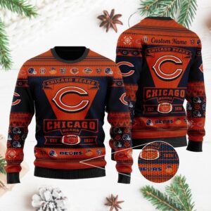 Chicago Bears Football Team Logo Custom Name Personalized Ugly Christmas Sweater