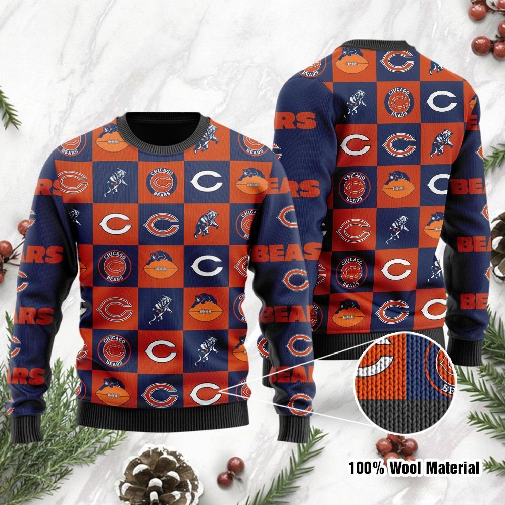 Chicago Bears Logo Checkered Flannel Ugly Christmas Sweater Chicago Bears Logo Checkered Flannel Ugly Christmas Sweater