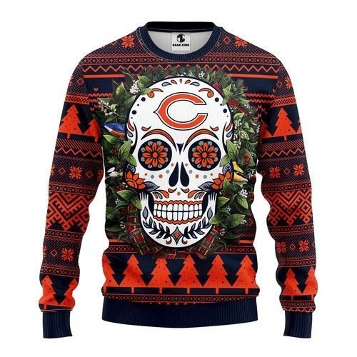 Chicago Bears Skull Flower Ugly Christmas Sweater Chicago Bears Skull Flower Ugly Christmas Sweater