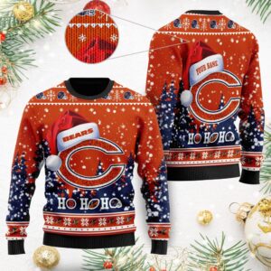 Chicago Bears Symbol Wearing Santa Claus Hat Ho Ho Ho Custom Personalized Ugly Christmas Sweater