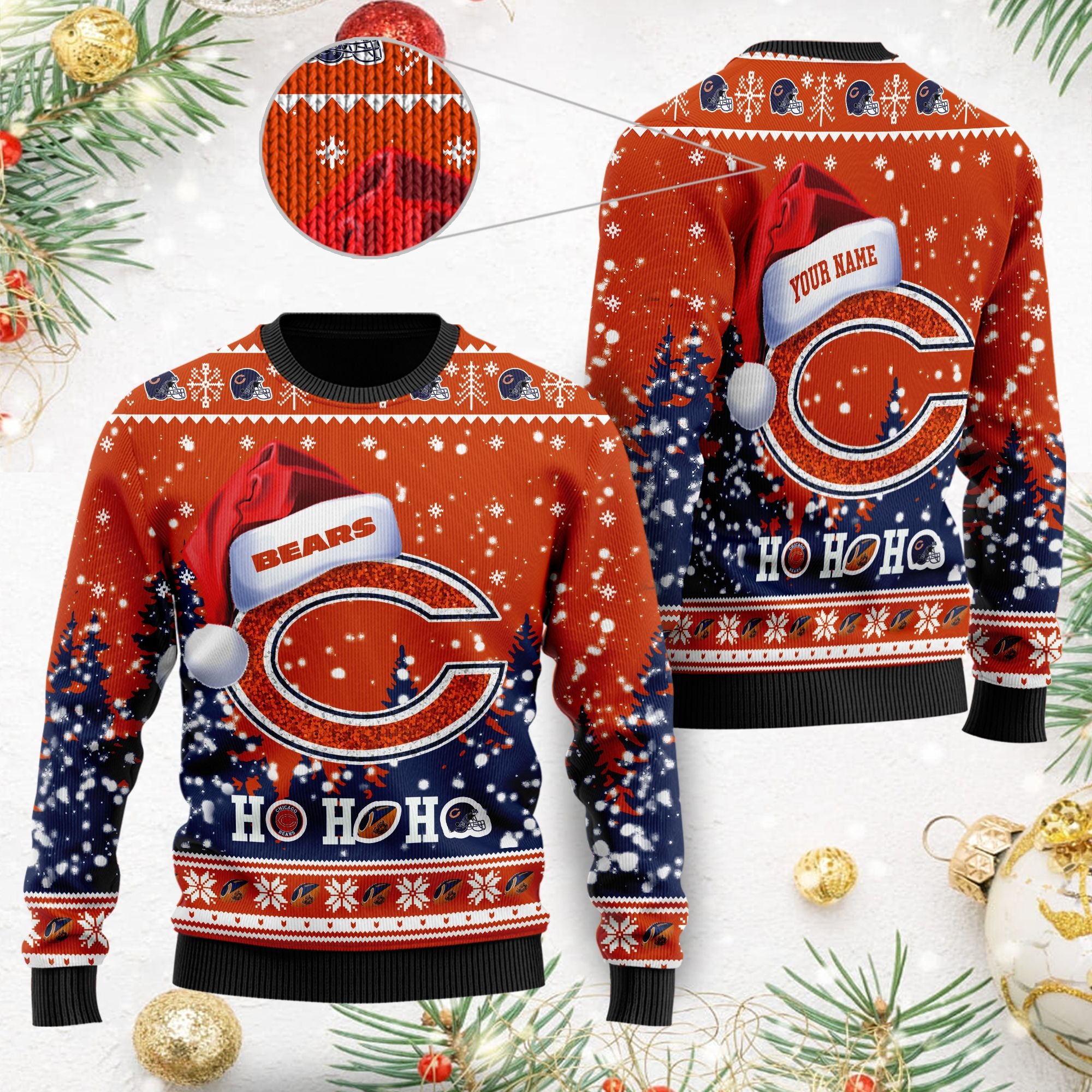 Chicago Bears Symbol Wearing Santa Claus Hat Ho Ho Ho Custom Personalized Ugly Christmas Sweater Chicago Bears Symbol Wearing Santa Claus Hat Ho Ho Ho Custom Personalized Ugly Christmas Sweater