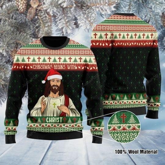 Christmas Begins With Christ Jesus Ugly Christmas Sweater Christmas Begins With Christ Jesus Ugly Christmas Sweater