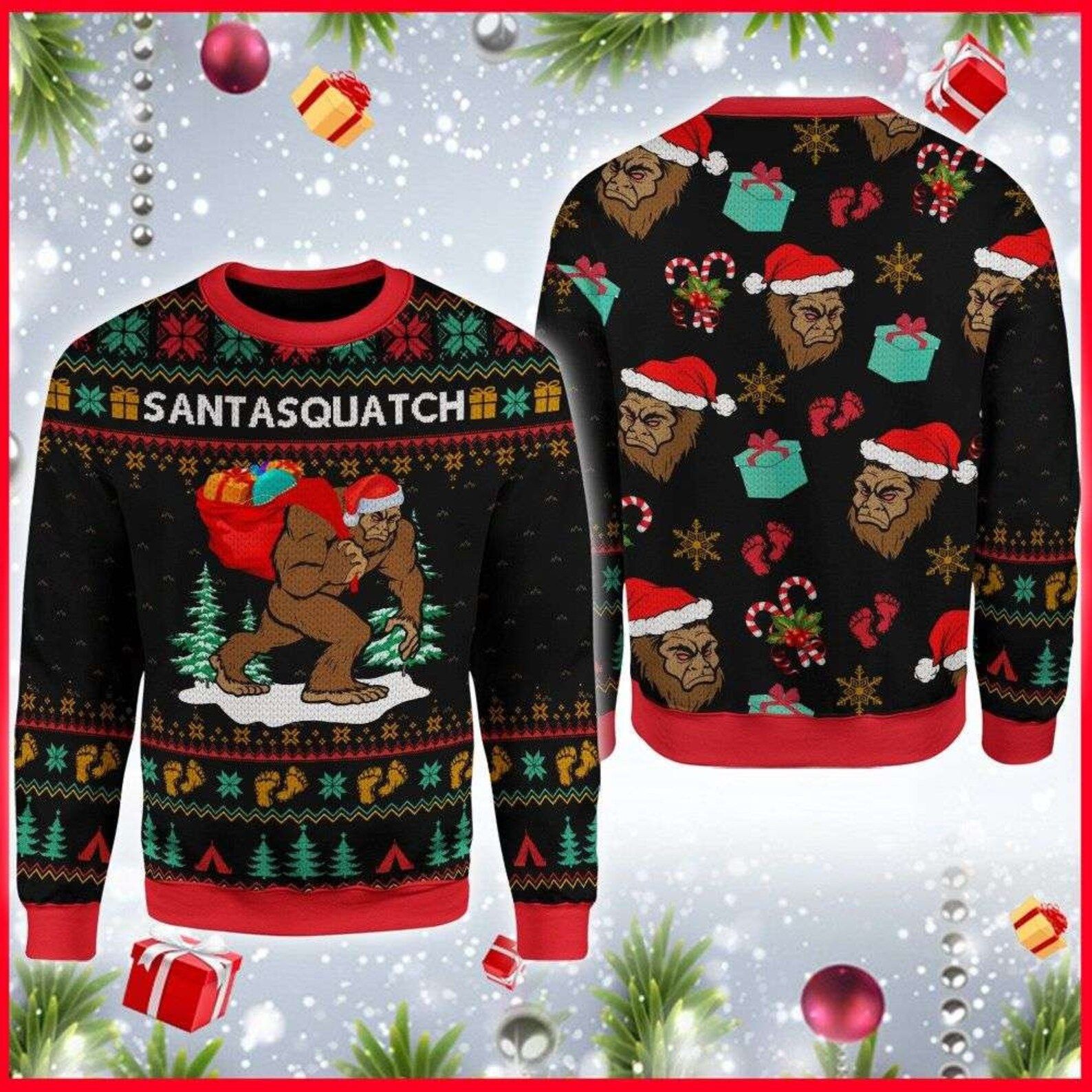 Christmas Santasquatch Camping Knitting Pattern 3D Fullprint Sweater Christmas Santasquatch Camping Knitting Pattern 3D Fullprint Sweater