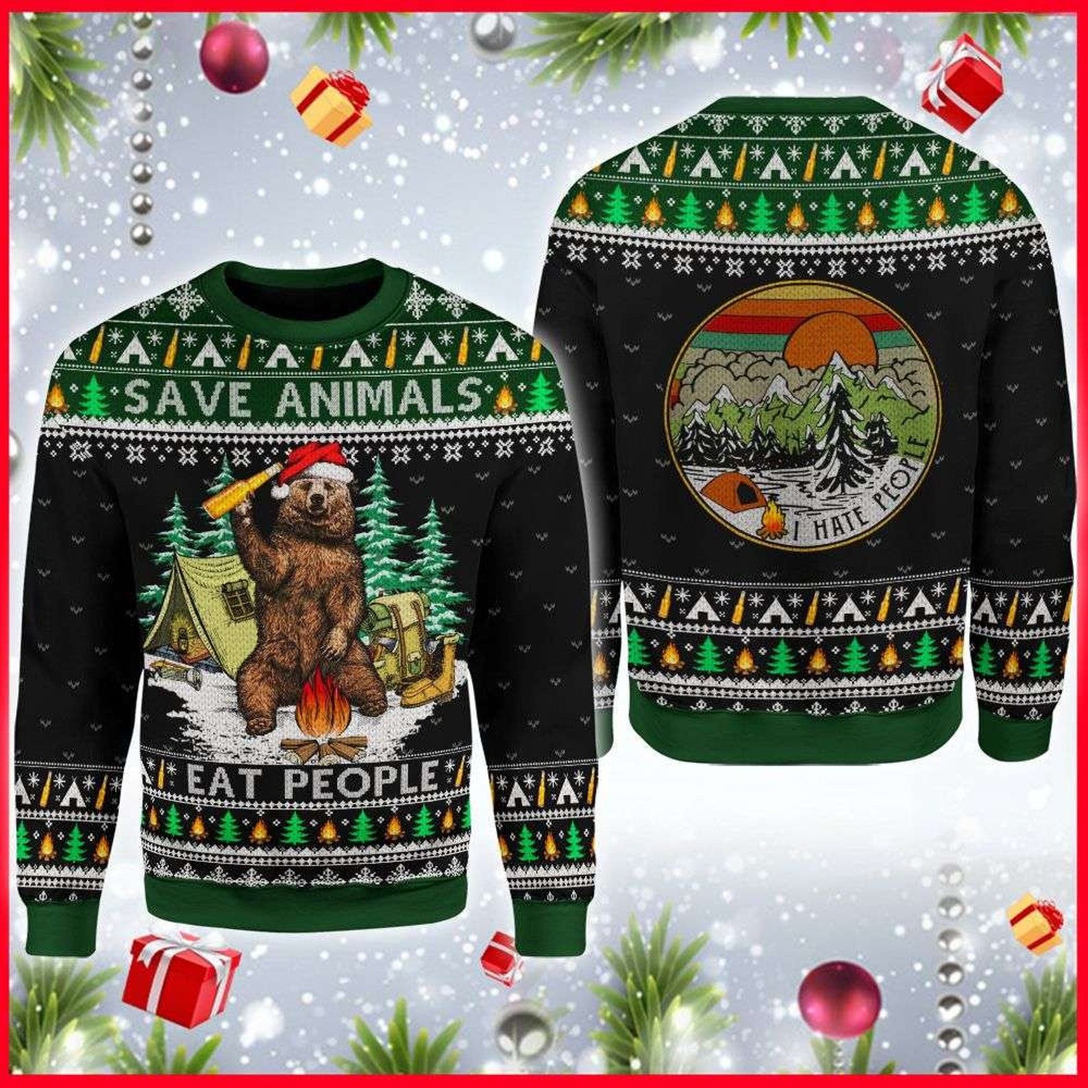 Christmas Save Animals Bear Camping Knitting Pattern 3D Fullprint Sweater Christmas Save Animals Bear Camping Knitting Pattern 3D Fullprint Sweater