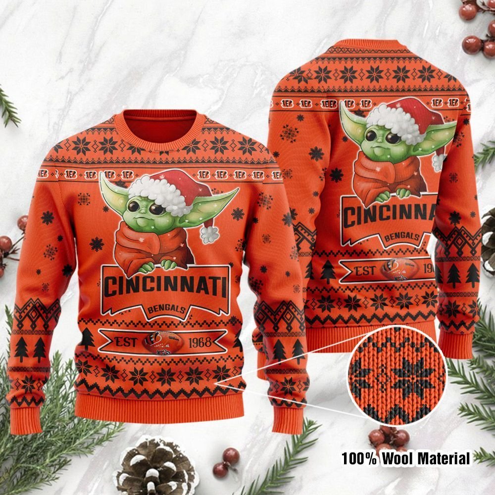 Cincinnati Bengals Cute Baby Yoda Grogu Ugly Christmas Sweater Cincinnati Bengals Cute Baby Yoda Grogu Ugly Christmas Sweater