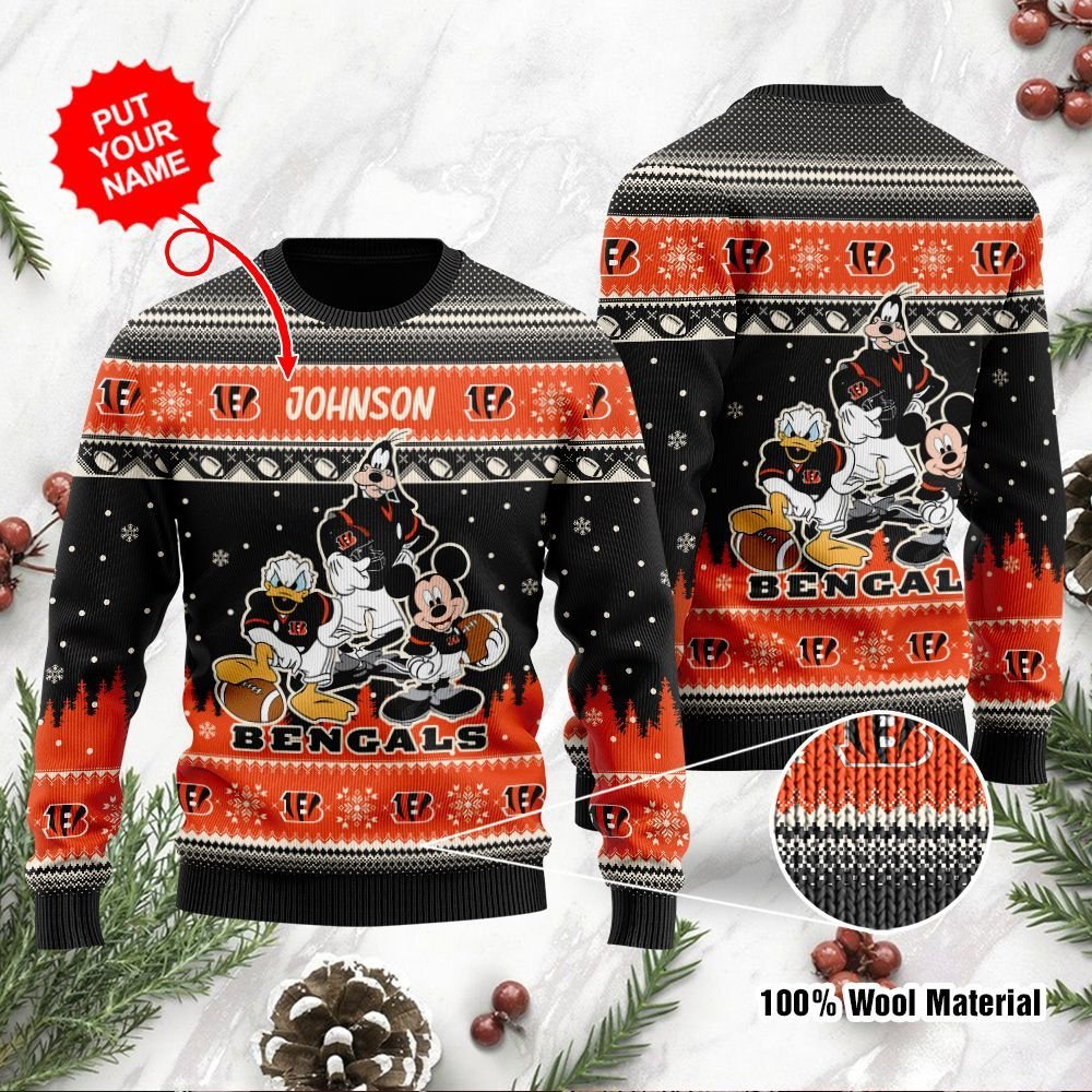 Cincinnati Bengals Disney Donald Duck Mickey Mouse Goofy Personalized Ugly Christmas Sweater Cincinnati Bengals Disney Donald Duck Mickey Mouse Goofy Personalized Ugly Christmas Sweater