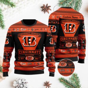 Cincinnati Bengals Football Team Logo Custom Name Personalized Ugly Christmas Sweater