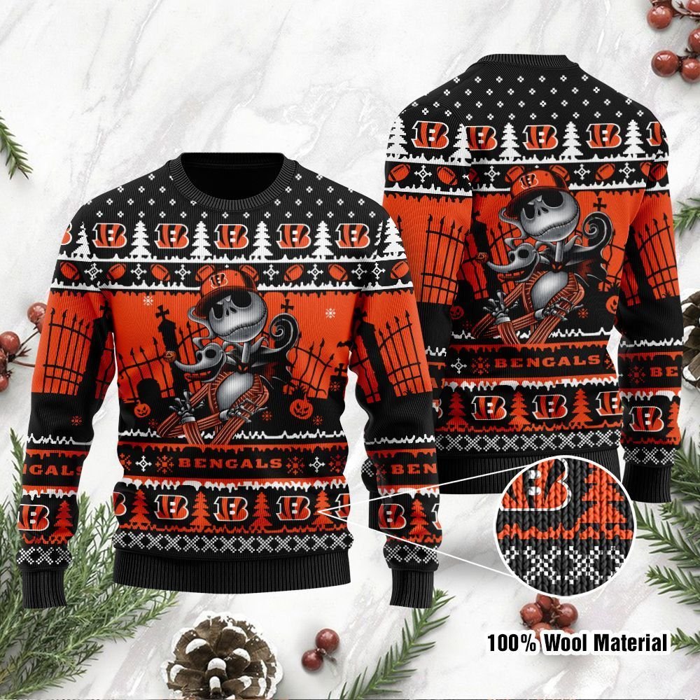 Cincinnati Bengals Jack Skellington Halloween Ugly Christmas Sweater Cincinnati Bengals Jack Skellington Halloween Ugly Christmas Sweater
