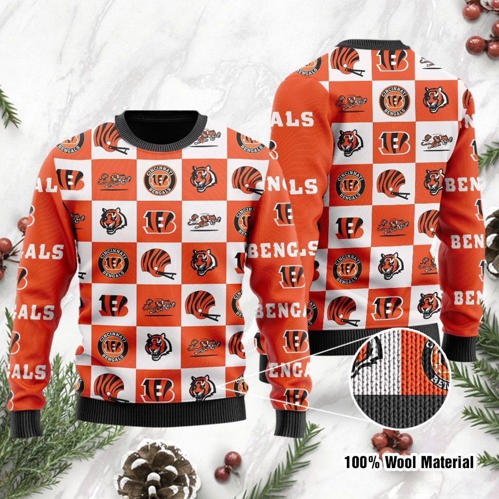 Cincinnati Bengals Logo Checkered Flannel Design Ugly Christmas Sweater Cincinnati Bengals Logo Checkered Flannel Design Ugly Christmas Sweater