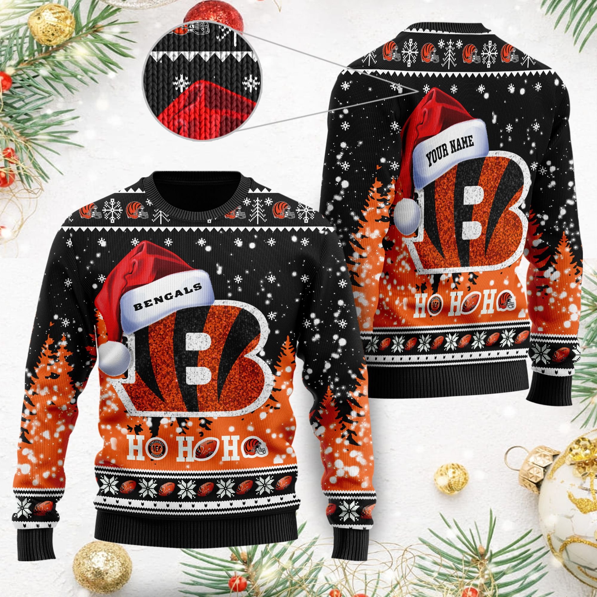 Cincinnati Bengals Symbol Wearing Santa Claus Hat Ho Ho Ho Personalized Ugly Christmas Sweater Cincinnati Bengals Symbol Wearing Santa Claus Hat Ho Ho Ho Personalized Ugly Christmas Sweater