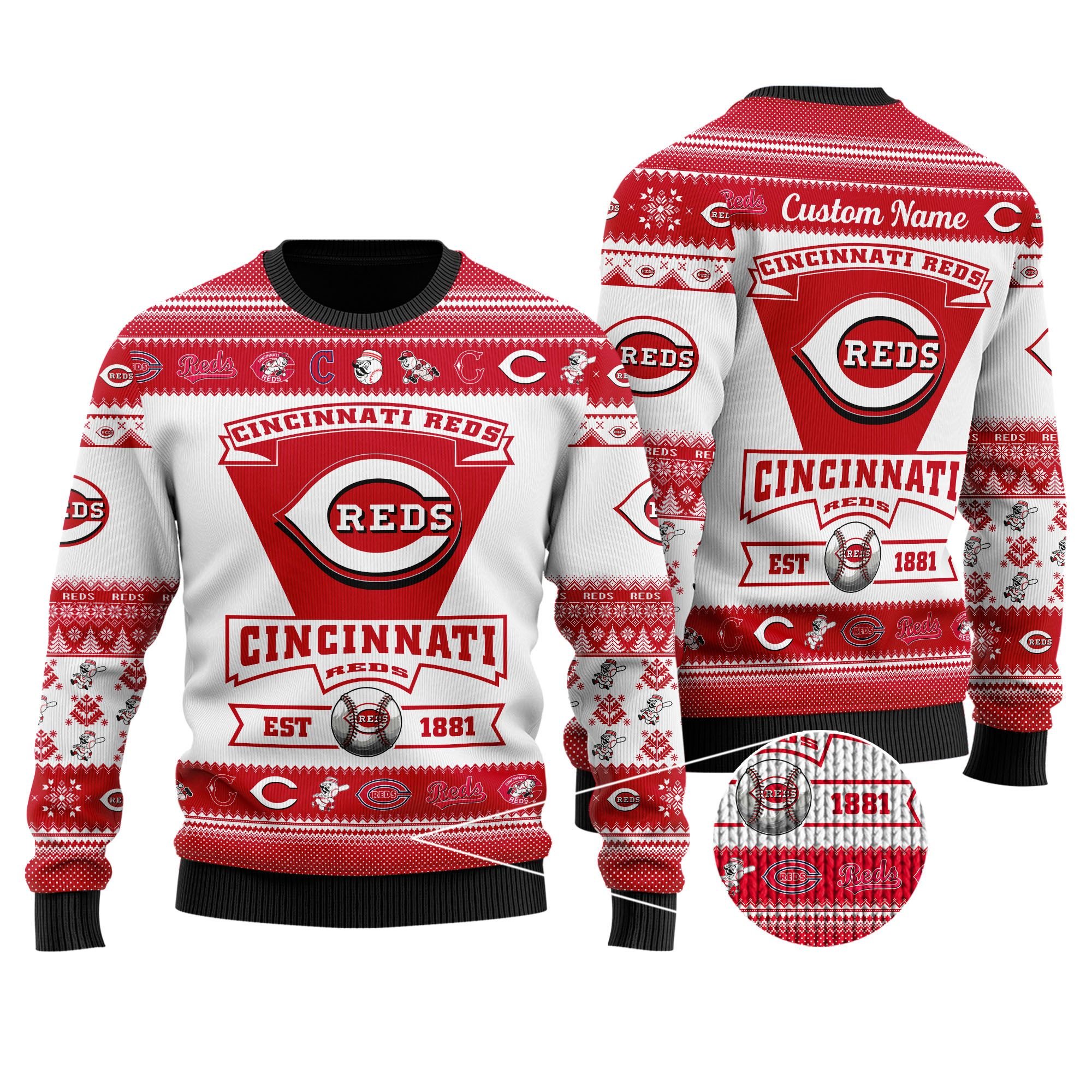 Cincinnati Reds Football Team Logo Custom Name Personalized Ugly Christmas Sweater Cincinnati Reds Football Team Logo Custom Name Personalized Ugly Christmas Sweater