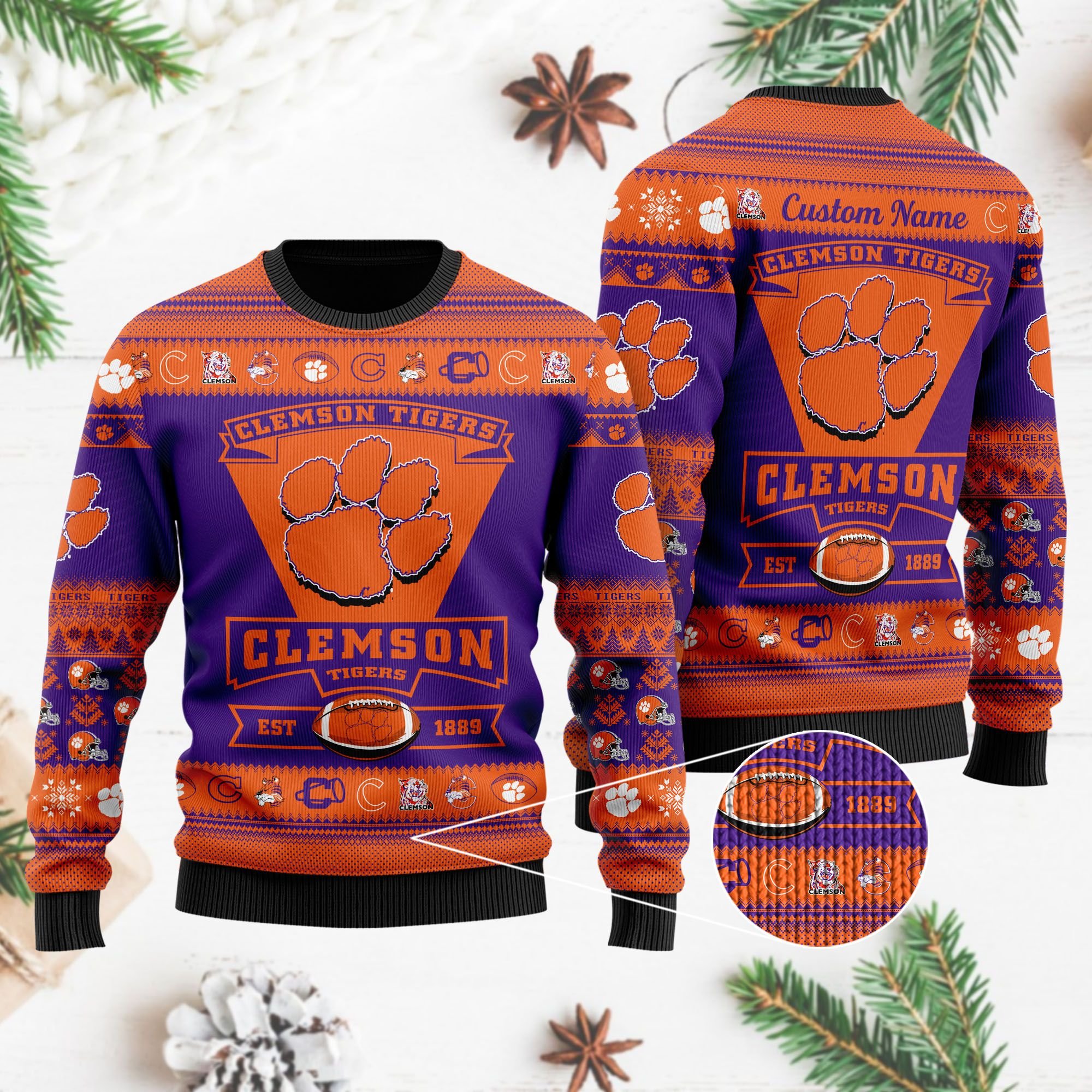 Clemson Tigers Football Team Logo Custom Name Personalized Ugly Christmas Sweater Clemson Tigers Football Team Logo Custom Name Personalized Ugly Christmas Sweater