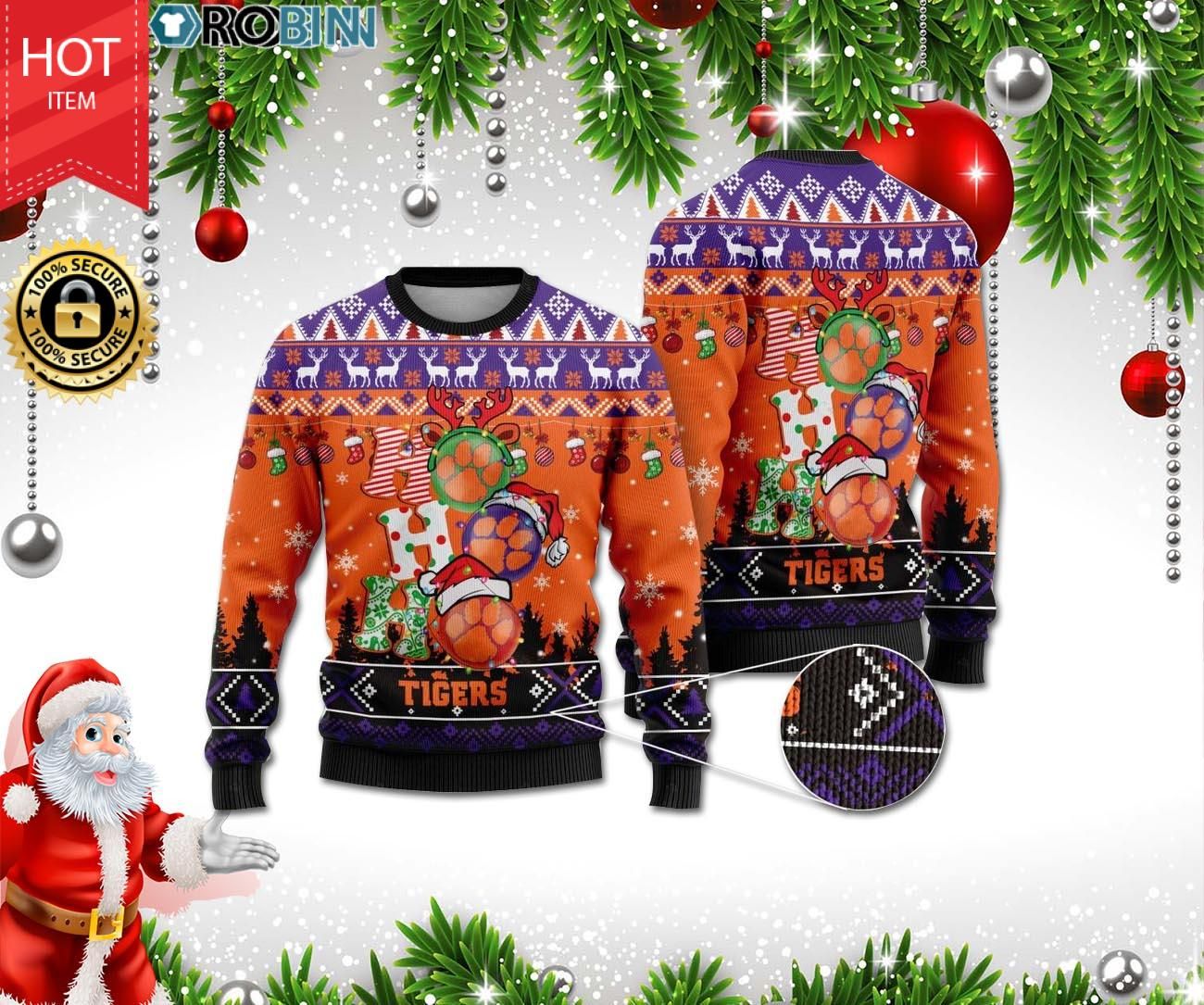 Clemson Tigers Ho Ho Ho 3D Print Christmas Wool Sweater Clemson Tigers Ho Ho Ho 3D Print Christmas Wool Sweater