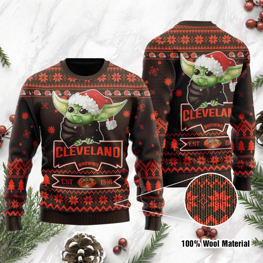 Cleveland Browns Cute Baby Yoda Grogu Holiday Party Ugly Christmas Sweater Cleveland Browns Cute Baby Yoda Grogu Holiday Party Ugly Christmas Sweater