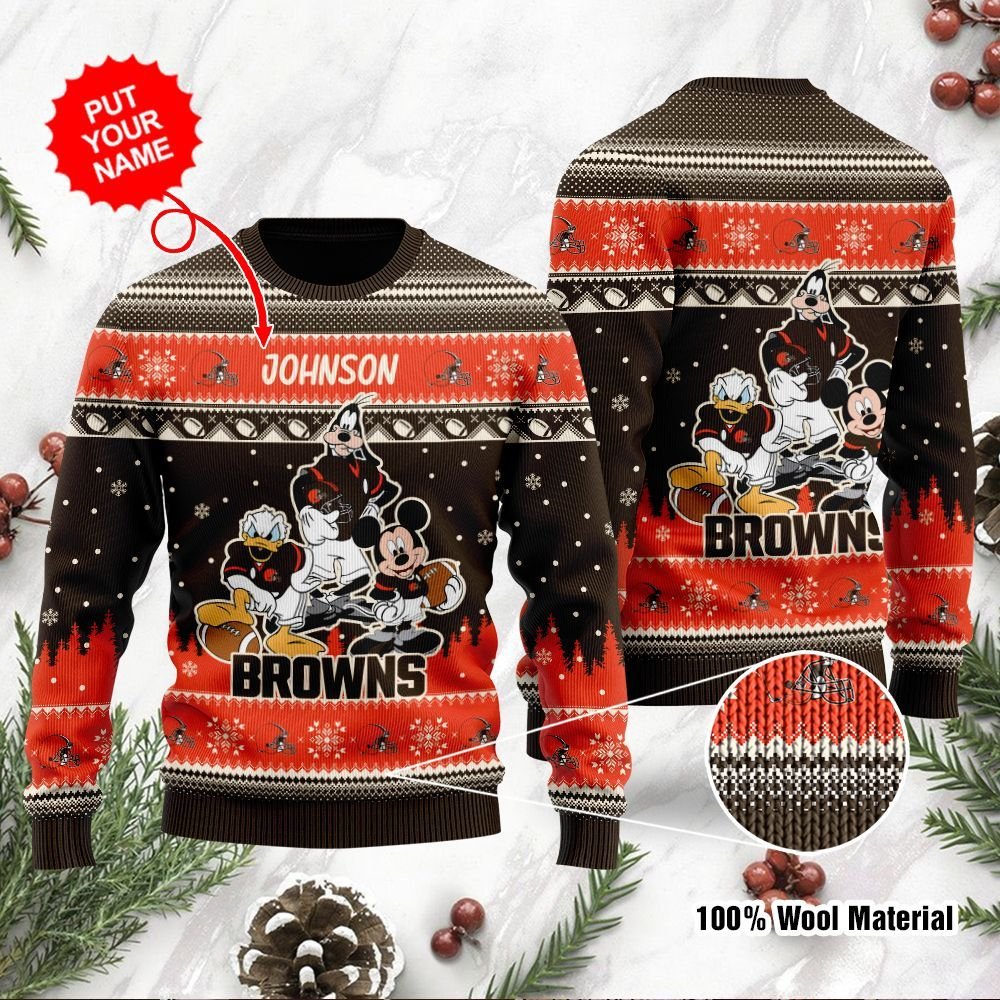 Cleveland Browns Disney Donald Duck Mickey Mouse Goofy Personalized Ugly Christmas Sweater Cleveland Browns Disney Donald Duck Mickey Mouse Goofy Personalized Ugly Christmas Sweater