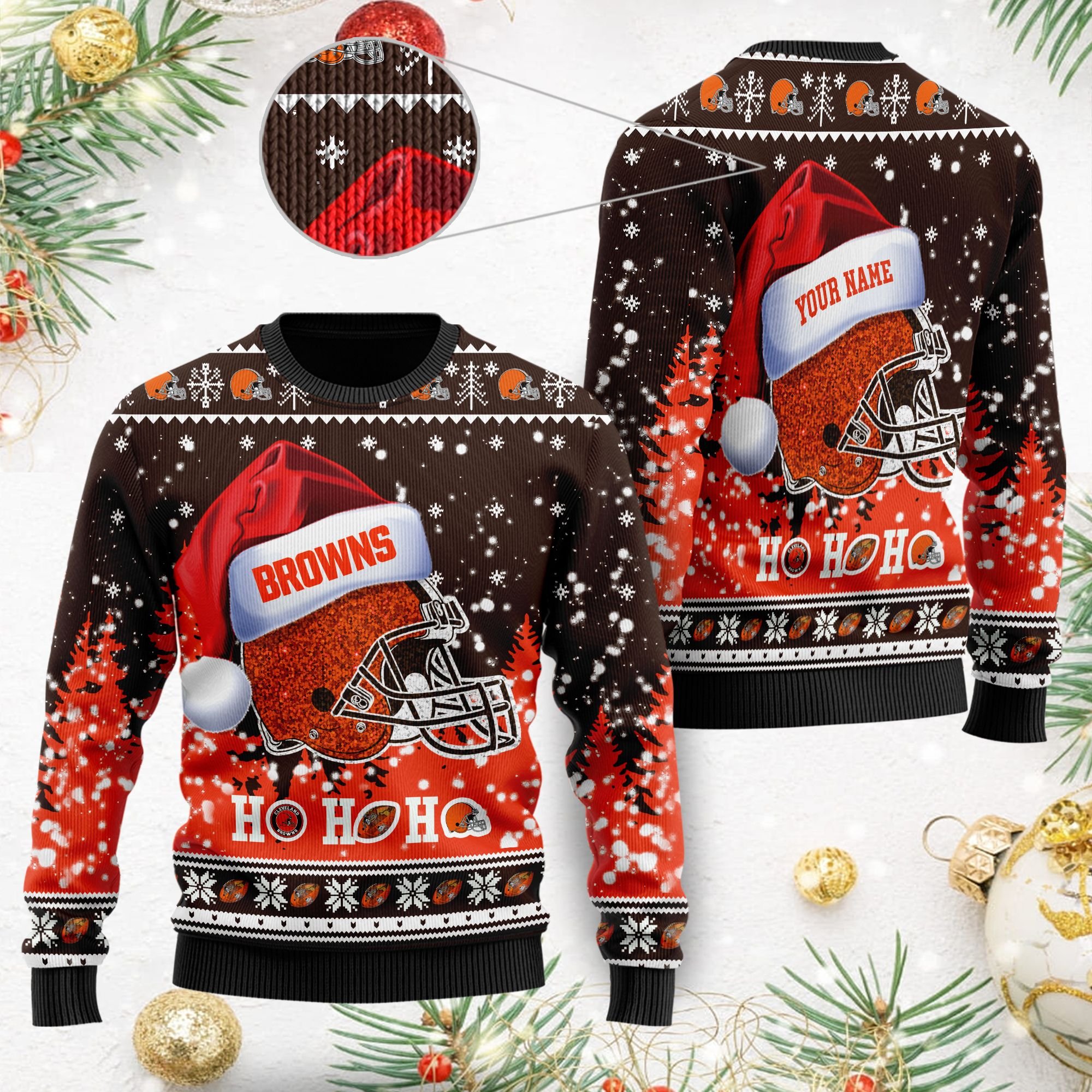 Cleveland Browns Symbol Wearing Santa Claus Hat Ho Ho Ho Custom Personalized Ugly Christmas Sweater Cleveland Browns Symbol Wearing Santa Claus Hat Ho Ho Ho Custom Personalized Ugly Christmas Sweater
