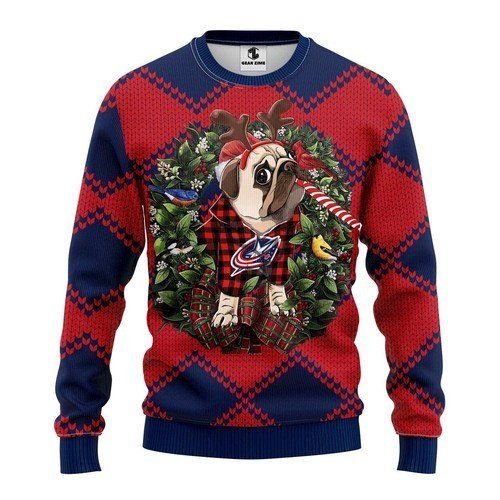 Columbus Blue Jackets Pug Dog For Unisex Ugly Christmas Sweater Columbus Blue Jackets Pug Dog For Unisex Ugly Christmas Sweater