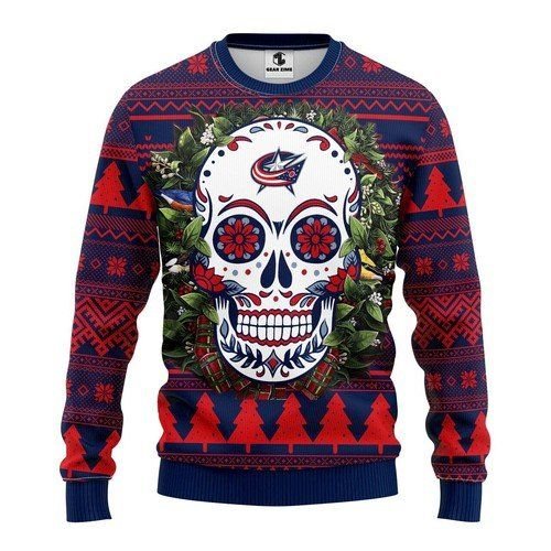 Columbus Blue Jackets Skull Flower Ugly Christmas Sweater Columbus Blue Jackets Skull Flower Ugly Christmas Sweater