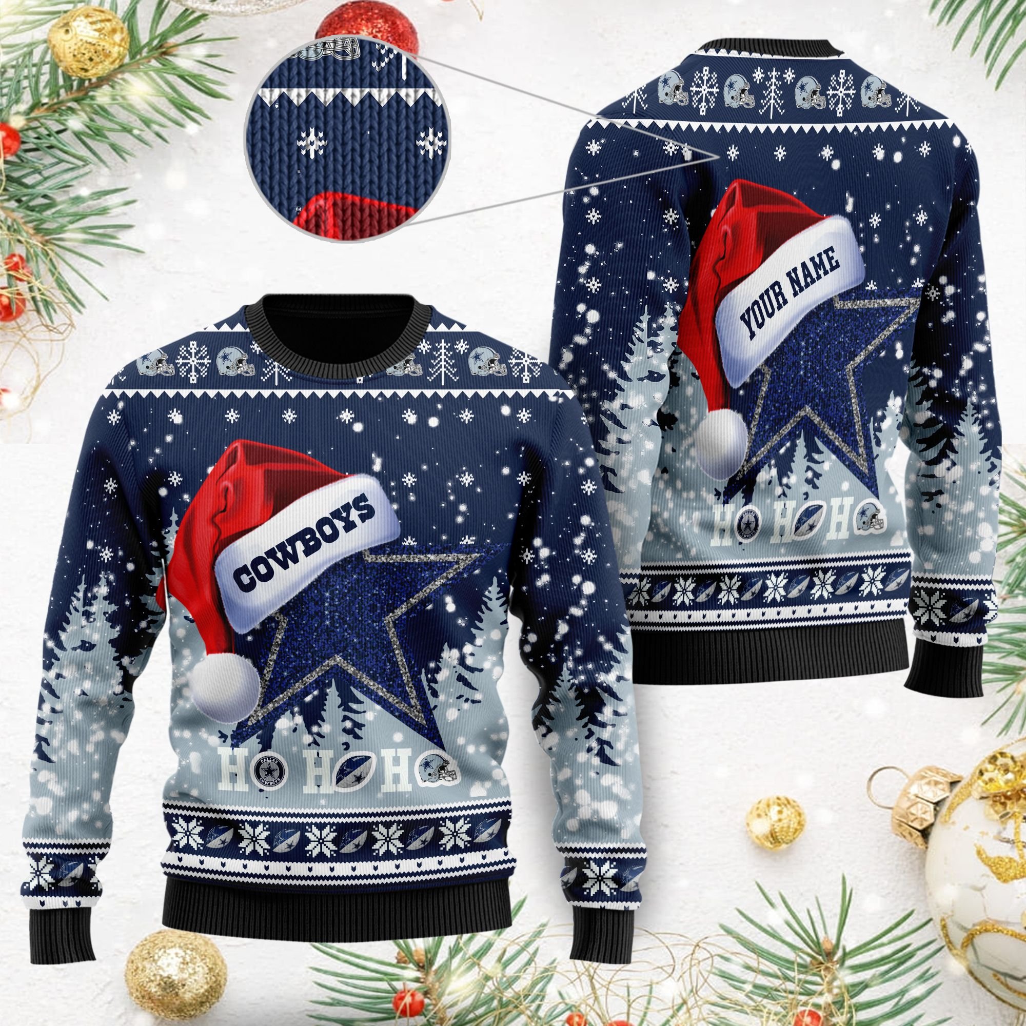Dallas Cowboys Symbol Wearing Santa Claus Hat Ho Ho Ho Custom Personalized Ugly Christmas Sweater Dallas Cowboys Symbol Wearing Santa Claus Hat Ho Ho Ho Custom Personalized Ugly Christmas Sweater