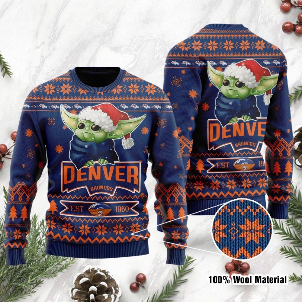 Denver Broncos Cute Baby Yoda Grogu Holiday Party Ugly Christmas Sweater Denver Broncos Cute Baby Yoda Grogu Holiday Party Ugly Christmas Sweater