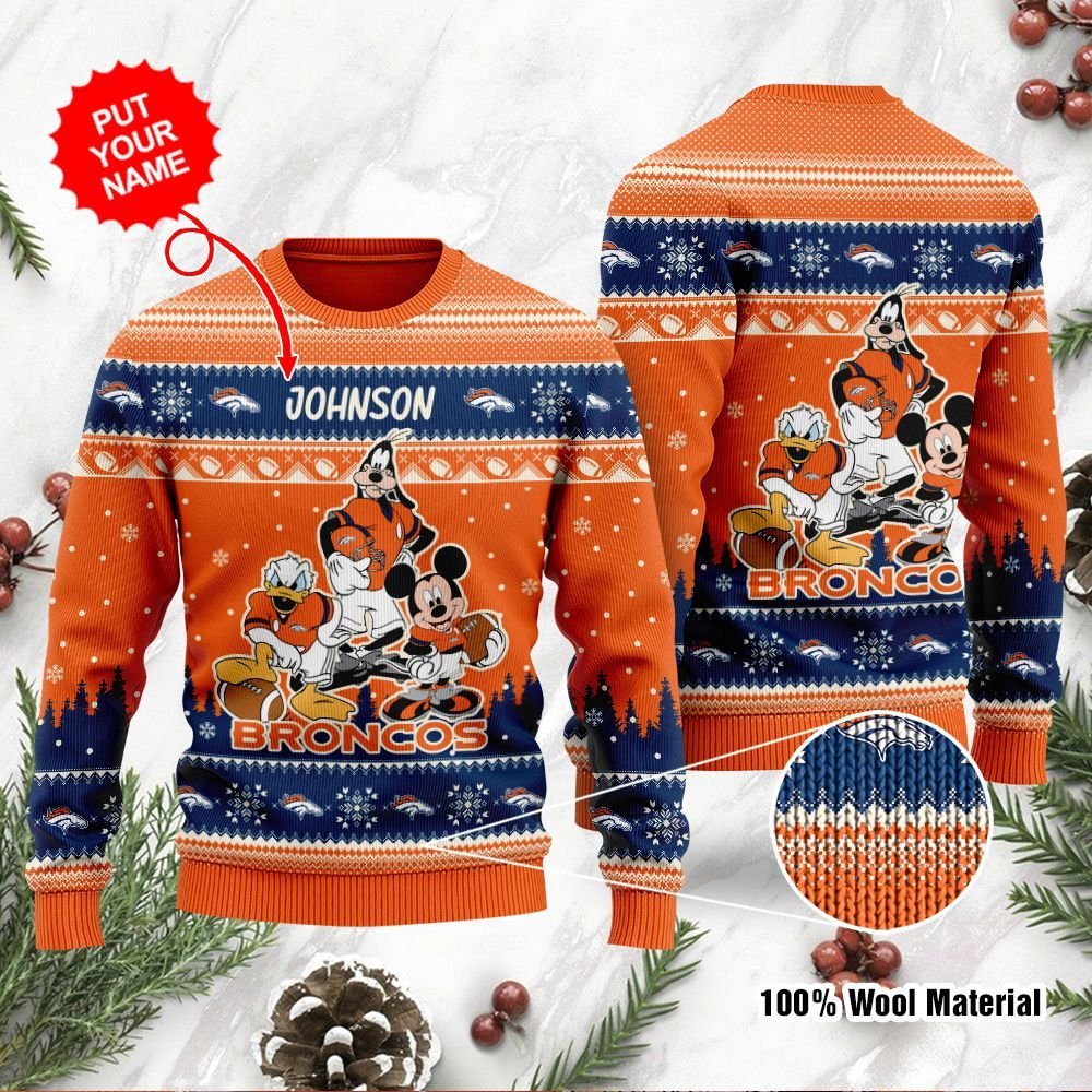 Denver Broncos Disney Donald Duck Mickey Mouse Goofy Personalized Ugly Christmas Sweater Denver Broncos Disney Donald Duck Mickey Mouse Goofy Personalized Ugly Christmas Sweater