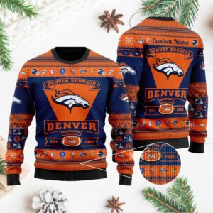 Denver Broncos Football Team Logo Custom Name Personalized Ugly Christmas Sweater