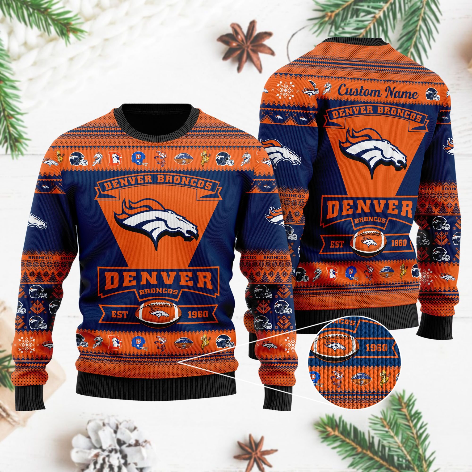 Denver Broncos Football Team Logo Custom Name Personalized Ugly Christmas Sweater Denver Broncos Football Team Logo Custom Name Personalized Ugly Christmas Sweater
