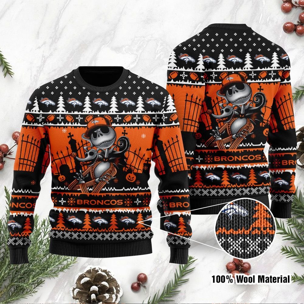 Denver Broncos Jack Skellington Halloween Holiday Party Ugly Christmas Sweater Denver Broncos Jack Skellington Halloween Holiday Party Ugly Christmas Sweater