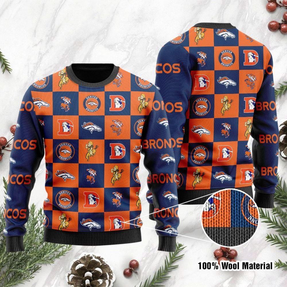 Denver Broncos Logo Checkered Flannel Ugly Christmas Sweater Denver Broncos Logo Checkered Flannel Ugly Christmas Sweater