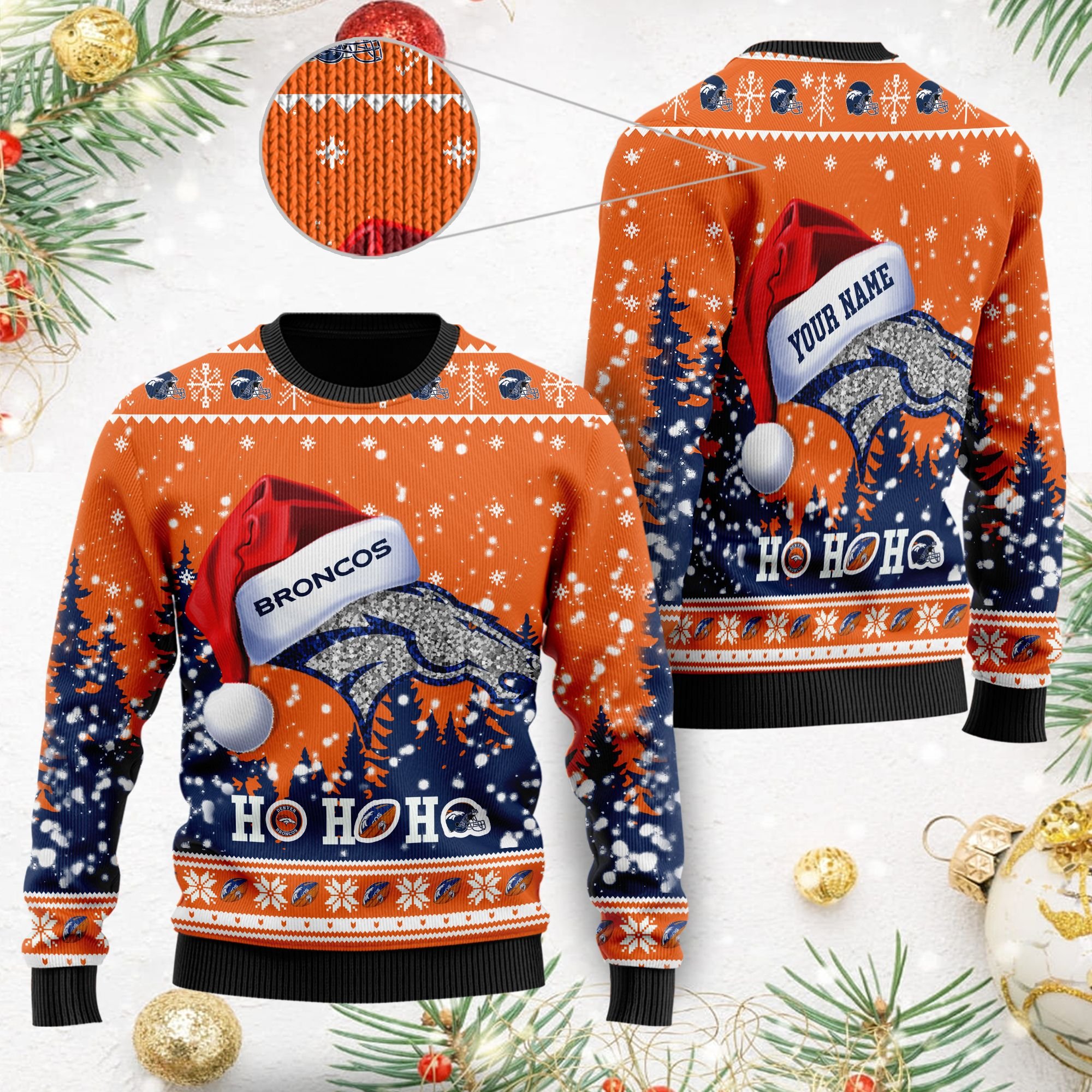 Denver Broncos Symbol Wearing Santa Claus Hat Ho Ho Ho Custom Personalized Ugly Christmas Sweater Denver Broncos Symbol Wearing Santa Claus Hat Ho Ho Ho Custom Personalized Ugly Christmas Sweater