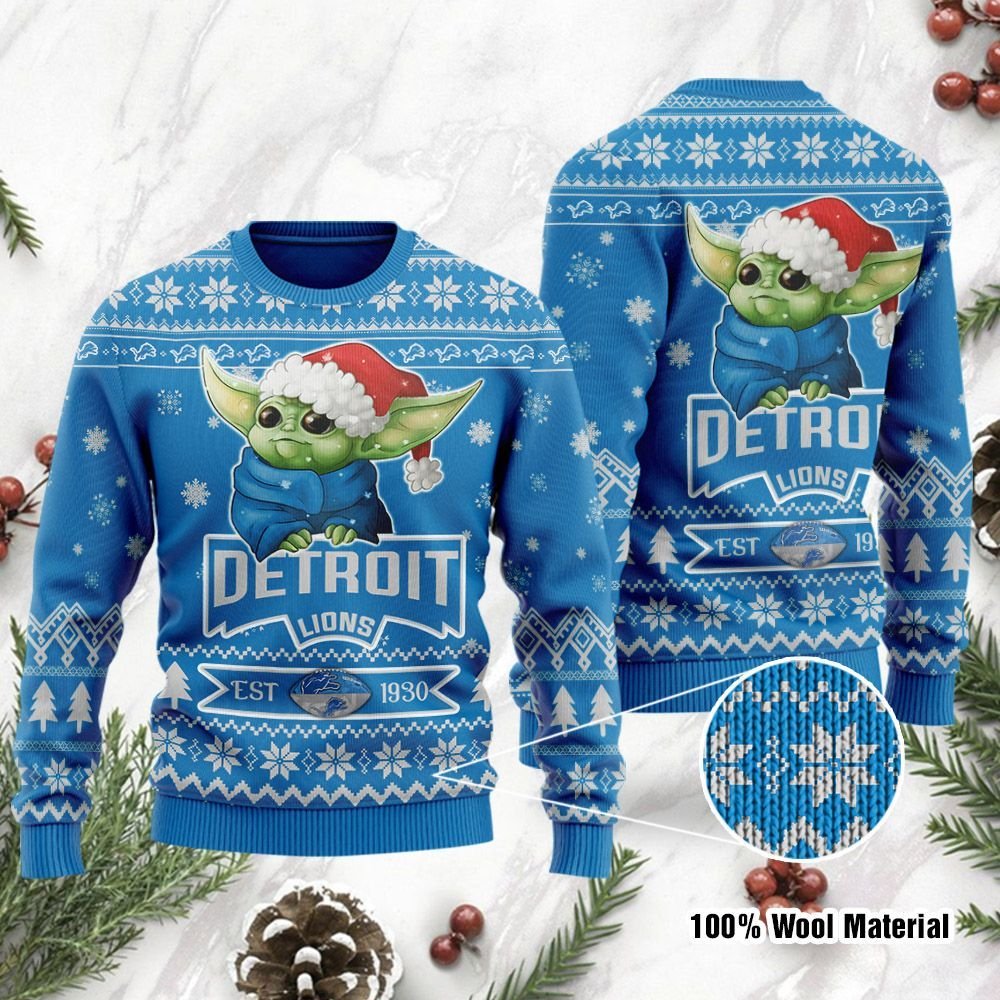 Detroit Lions Cute Baby Yoda Grogu Holiday Party Ugly Christmas Sweater Detroit Lions Cute Baby Yoda Grogu Holiday Party Ugly Christmas Sweater