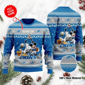 Detroit Lions Disney Donald Duck Mickey Mouse Goofy Personalized Ugly Christmas Sweater