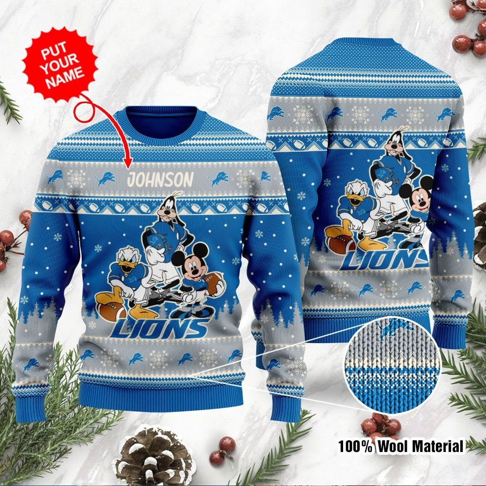 Detroit Lions Disney Donald Duck Mickey Mouse Goofy Personalized Ugly Christmas Sweater Detroit Lions Disney Donald Duck Mickey Mouse Goofy Personalized Ugly Christmas Sweater