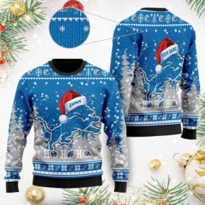 Detroit Lions Symbol Wearing Santa Claus Hat Ho Ho Ho Ugly Christmas Sweater