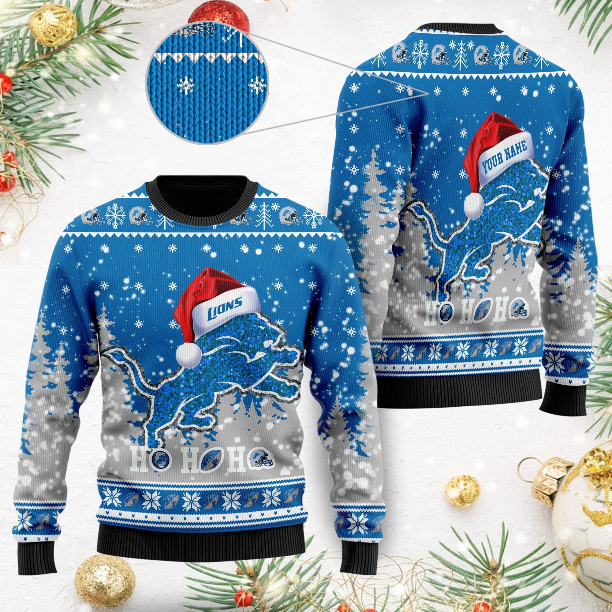 Detroit Lions Symbol Wearing Santa Claus Hat Ho Ho Ho Ugly Christmas Sweater Detroit Lions Symbol Wearing Santa Claus Hat Ho Ho Ho Ugly Christmas Sweater