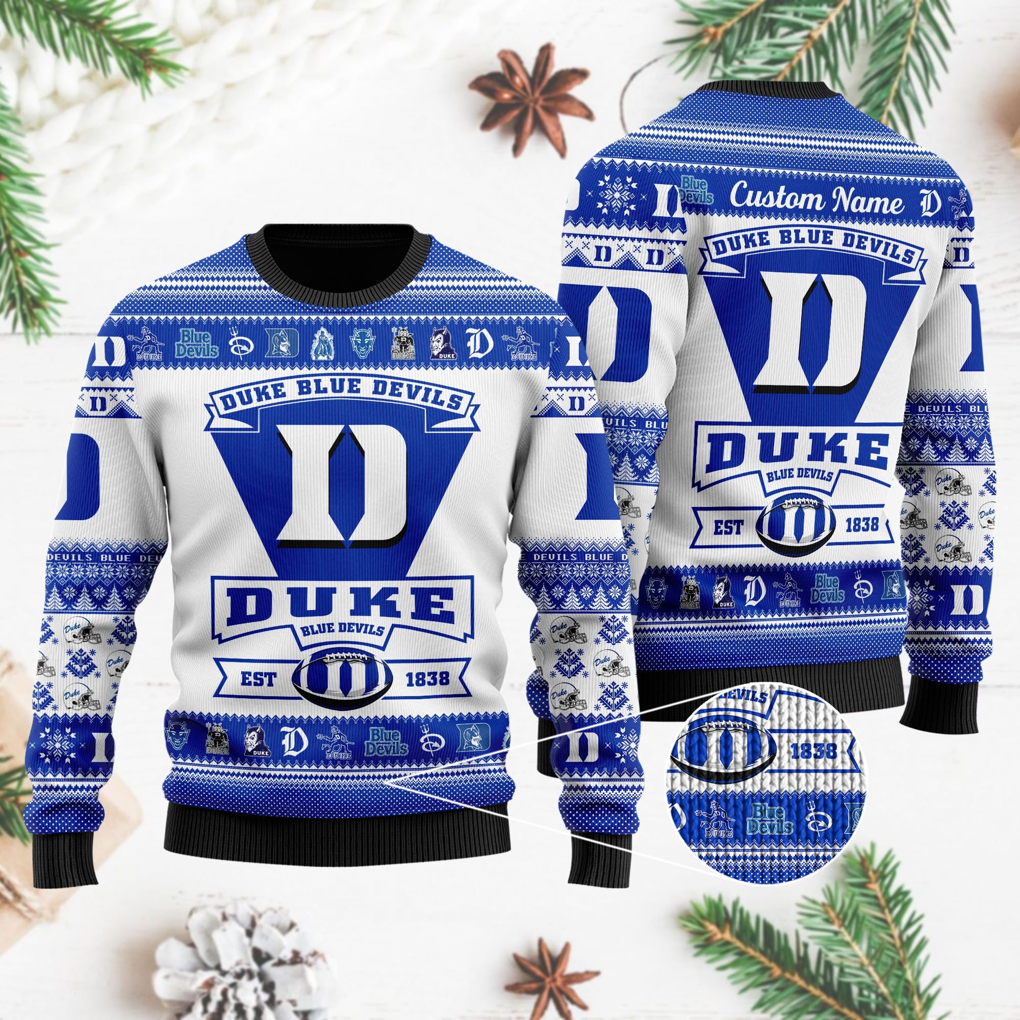 Duke Blue Devils Football Team Logo Custom Name Personalized Ugly Christmas Sweater Duke Blue Devils Football Team Logo Custom Name Personalized Ugly Christmas Sweater