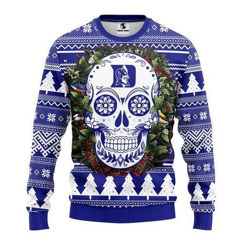 Duke Blue Devils Skull Flower Ugly Christmas Sweater Duke Blue Devils Skull Flower Ugly Christmas Sweater