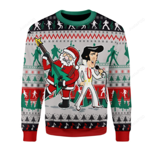 Elvis Presley With Santa Claus Team Up Ugly Christmas Sweater