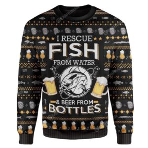 Fish And Beer I Rescue Fish From Water And Beer From Bottles For Unisex Ugly Christmas Sweater