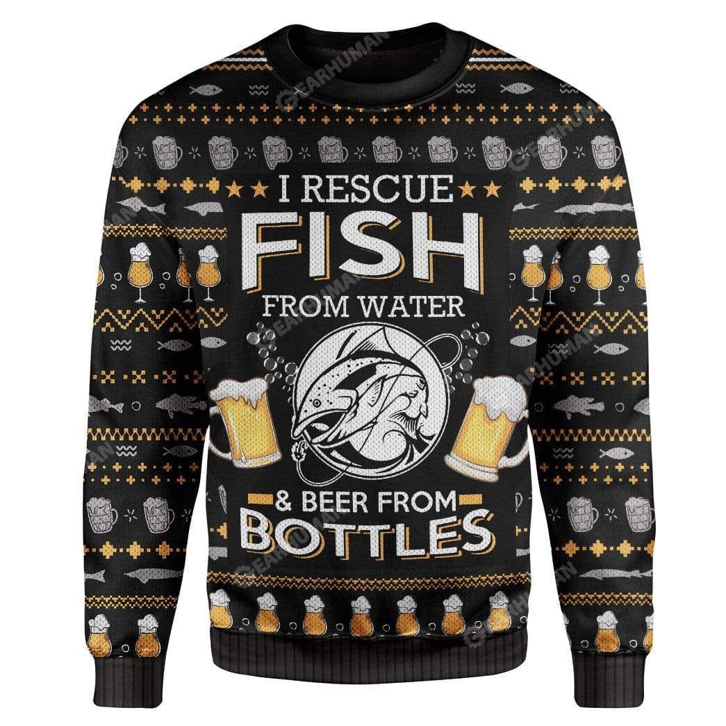 Fish And Beer I Rescue Fish From Water And Beer From Bottles For Unisex Ugly Christmas Sweater Fish And Beer I Rescue Fish From Water And Beer From Bottles For Unisex Ugly Christmas Sweater